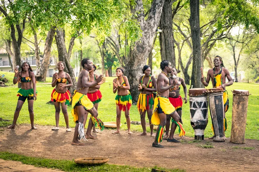  local people performing traditional ethnic folkloristic dance in Zimbabwe